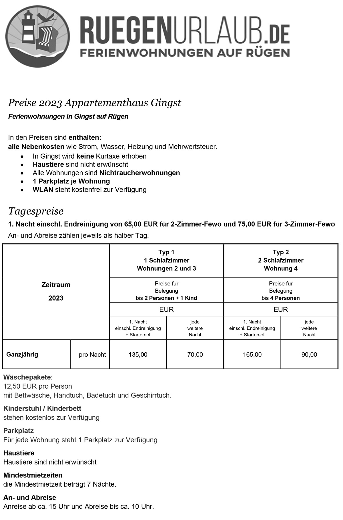 Preisliste 2020 Apartementhaus Gingst 