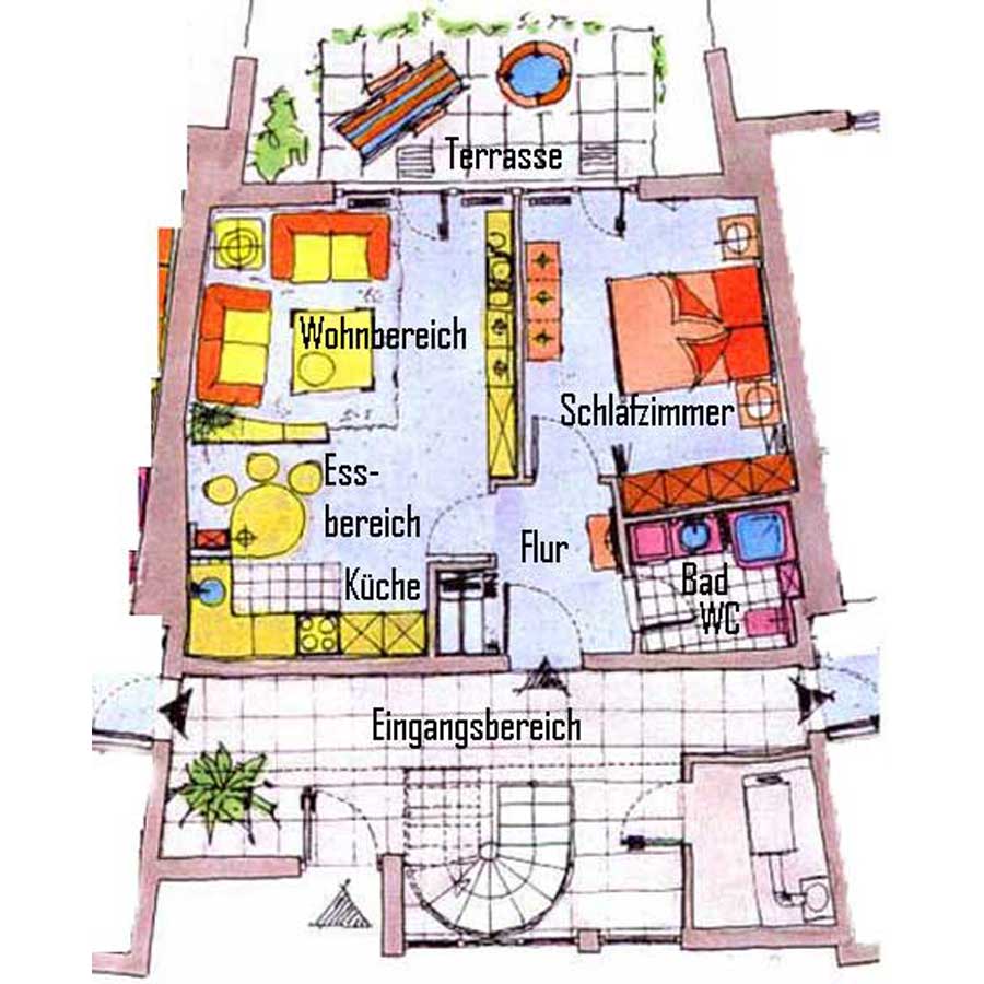 Grundriss einer Wohnung Typ 1 mit Terrasse